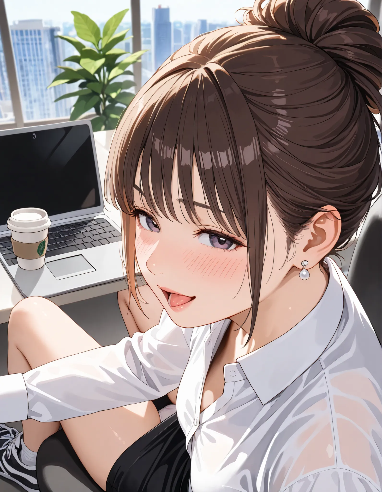 ((realistic skin, deep-blush)), A receptionist woman, sitting a chair and Working in the office with (laptop displaying porn) and documents on the table, pencil-skirt, show off her panties under the table, window has city view, plant, shame, updo hair, (hi...