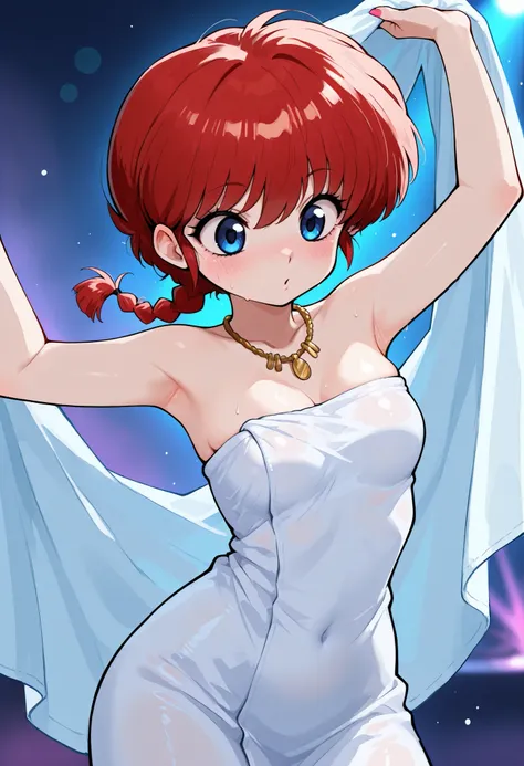 safe_pos, Ranma Saotome. red hair. pigtail. blue eyes. braid. small breasts. huge hips. necklace. black eyeliner. pink manicure. | masterpiece, best quality, amazing quality, absurdres, cowboy_shot, towel covers breasts, wearing towel, white towel, towel, ...