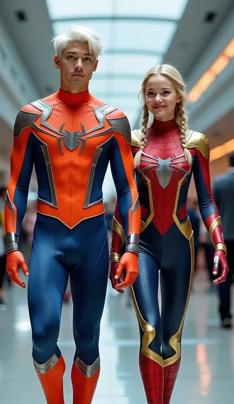 character: ung man white hair Wearing futuristic orange spiderman suit with blue silver armor futuristic white accents,  and ung woman Blonde hair with two braids Wearing futuristic red Spiderman body suit with gold silver armor futuristic white accents . ...