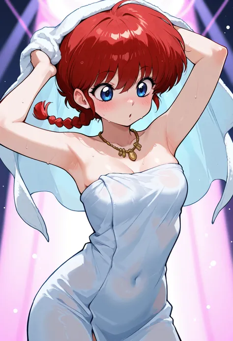 safe_pos, Ranma Saotome. red hair. pigtail. blue eyes. braid. small breasts. huge hips. necklace. black eyeliner. pink manicure. | masterpiece, best quality, amazing quality, absurdres, cowboy_shot, towel covers breasts, wearing towel, white towel, towel, ...