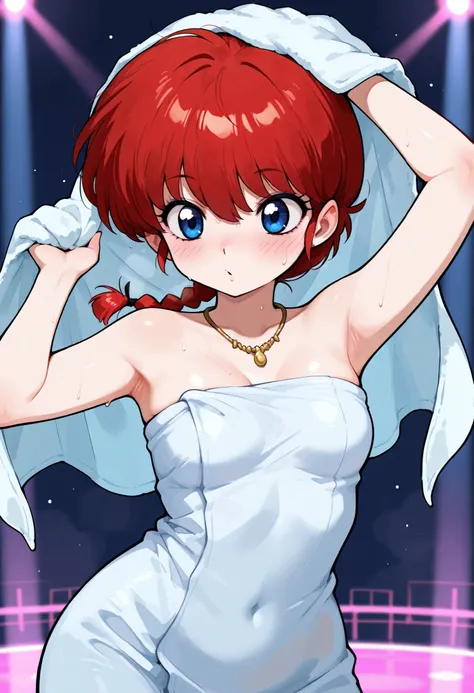 safe_pos, Ranma Saotome. red hair. pigtail. blue eyes. braid. small breasts. huge hips. necklace. black eyeliner. pink manicure. | masterpiece, best quality, amazing quality, absurdres, cowboy_shot, towel covers breasts, wearing towel, white towel, towel, ...