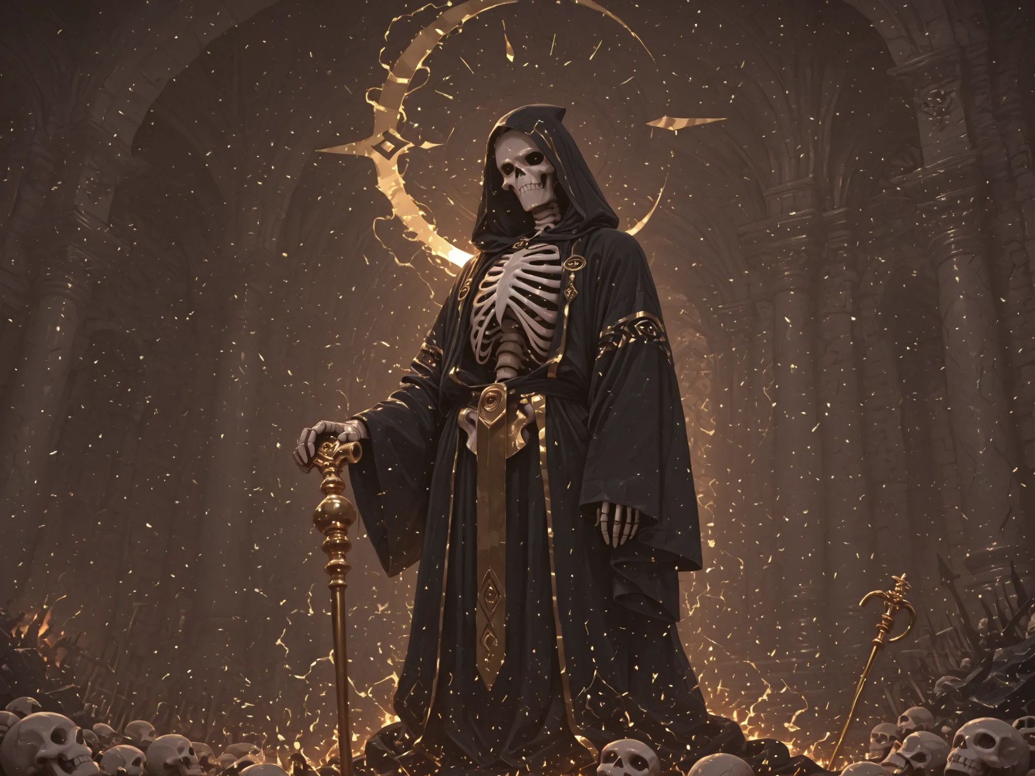 masterpiece Highest Quality A cool male skeleton with a sturdy golden cane in the center Turn this way Negative Aura background black base Fire on the ground occasional thunder is visible god々like black robe
