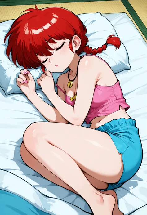 safe_pos, Ranma Saotome. red hair. pigtail. blue eyes. braid. small breasts. huge hips. necklace. black eyeliner. pink manicure. | masterpiece, best quality, newest, absurdres, highres, detailed eyes, beautiful, detailed background, perfect eyes, anime col...