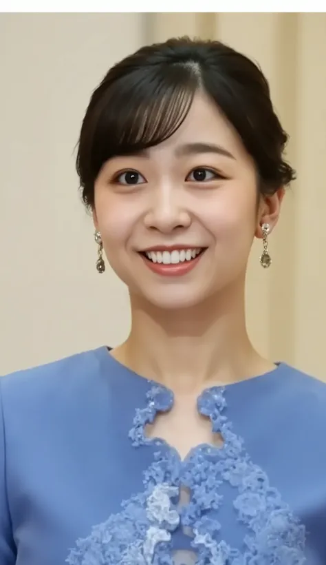 Japanese woman headshot、looking at the camera、Dark eyeshadow、 smile showing teeth、Red cheeks、ear piercing、necklace、upper body、Background is in a room、