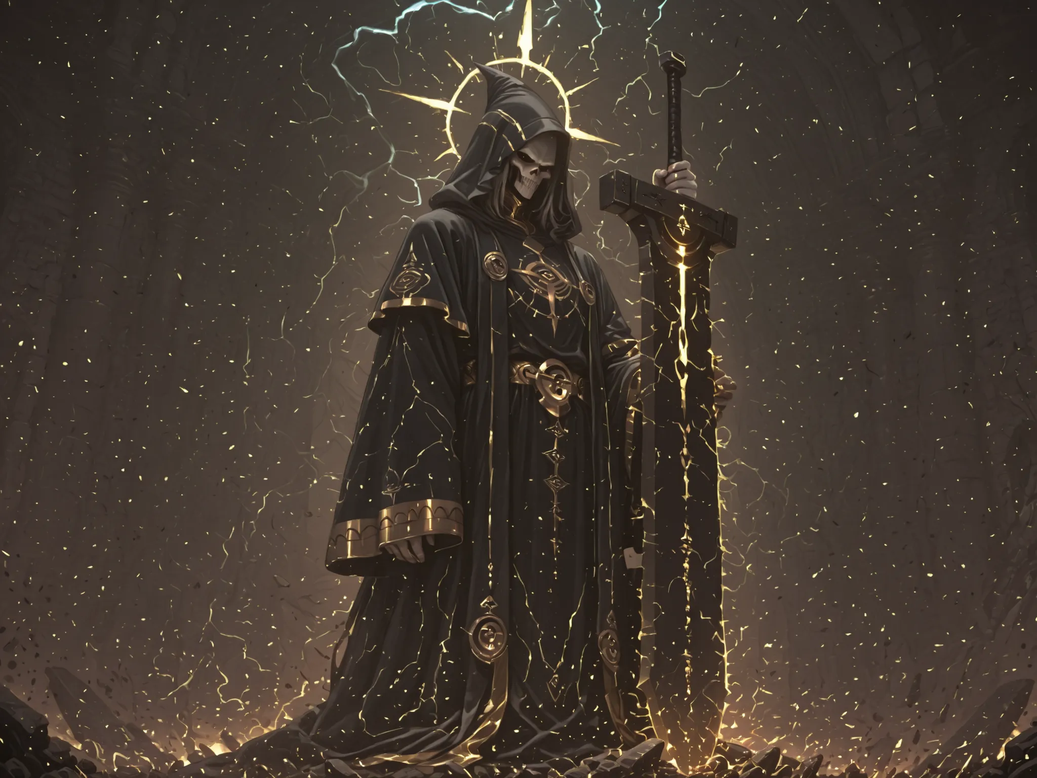 stupid giant sword cool guy Turn this way Negative Aura background black base Fire on the ground occasional thunder is visible god々like black robe with gold lines Ultimate Weapon End of the World End of the World last boss Highest Quality masterpiece