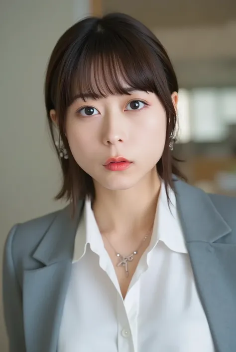 A neat and clean young woman、office lady suit、jacket、shirt、necklace、and look at the camera、hairstyle shortcuts、 、 無表情、、ear piercing、upper body、Background is in a room、