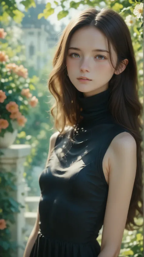 Highest Quality、masterpiece、Completed, beautiful woman highlighting her lower lip, 24 years old, black dress,turtleneck,  slim, long hair、(((small breasts))、white shirt、Natural look、blurry background、