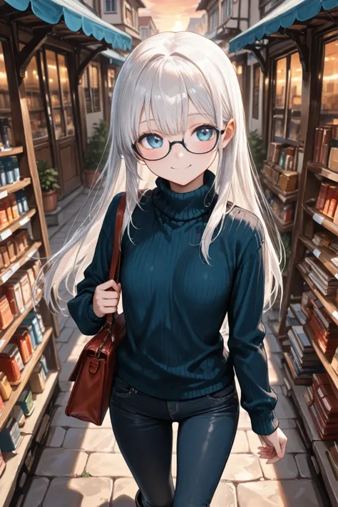 ((Masterpiece)),((best quality)),((incredibly absurdres)),((8K)),(semi realistic),
1 girl,solo,younger,kawaii,white hair,long hair,straight hair,blue eyes,small breasts,
(black eyewear),navy blue turtleneck sweater,,loose shirt,black skinny jeans,short bo...