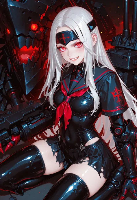 Girl in a black sailor uniform. White hair. Long hair. Forehead protector. Glowing red eyes. Fearless smile. Darkly discolored hands. Black armored arms. Asymmetrical arms. Oversized latex boots. Torn costume. Sit on a small battleship. Mechanical monster ...