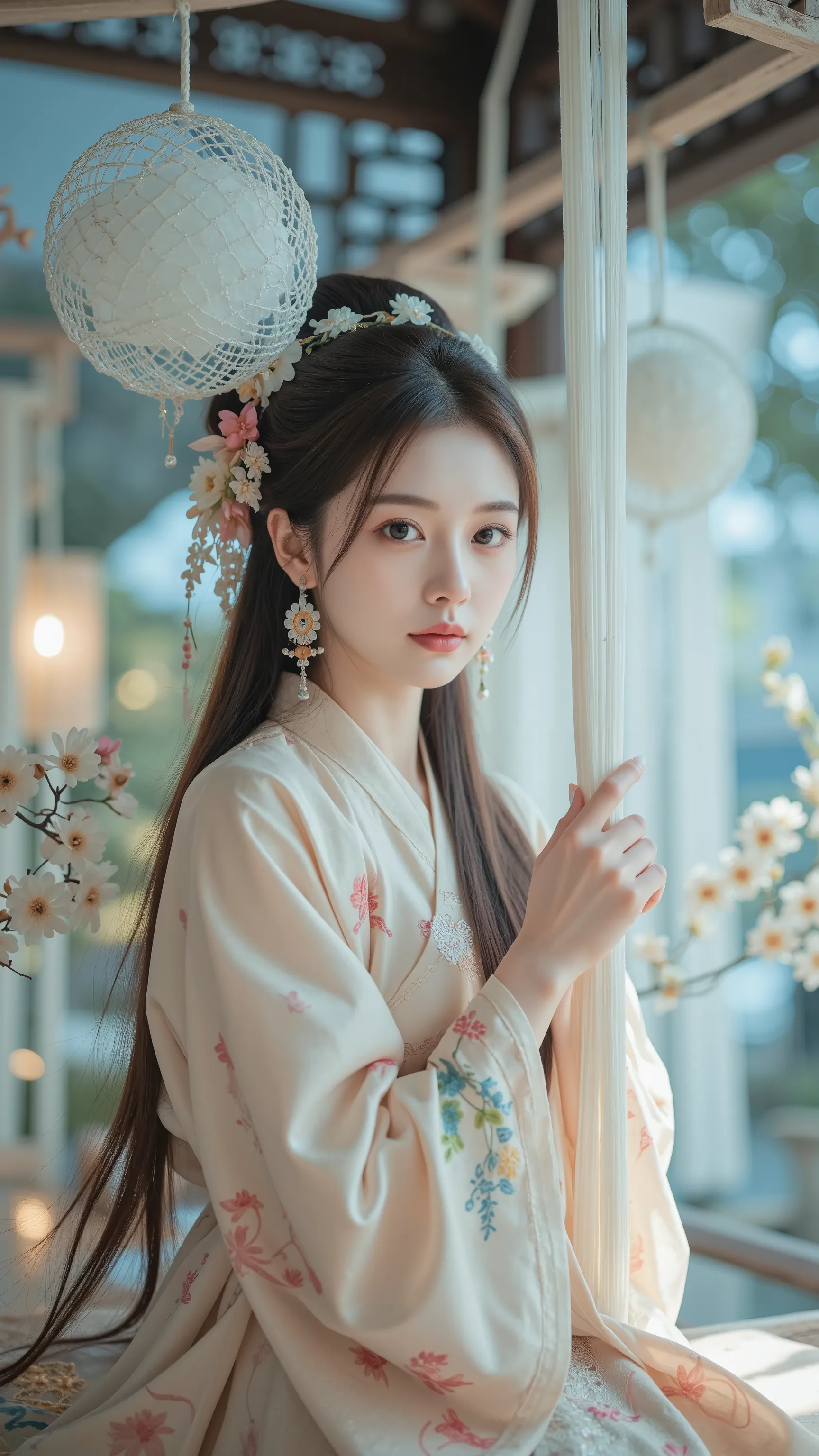 ,32K quality, delicate skin ,The best high-definition picture quality, close-up,She stares at the camera with profound eyes, The posture is natural and dynamic。 The main body is the image of an ancient Chinese beauty: shoulder tilt 20 degrees ,The face is ...