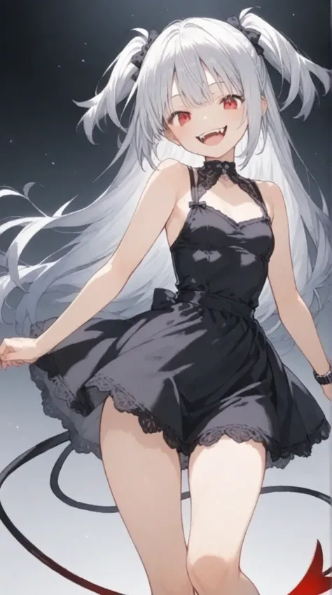  with an Aura Gushing Out of Her Body、Gothic Dresses、Bright Red Eyes、Long Twin Tail Hair、 Silver Hair、Bare arms、Watch Viewers、thighs　Evil Fangs Smile 