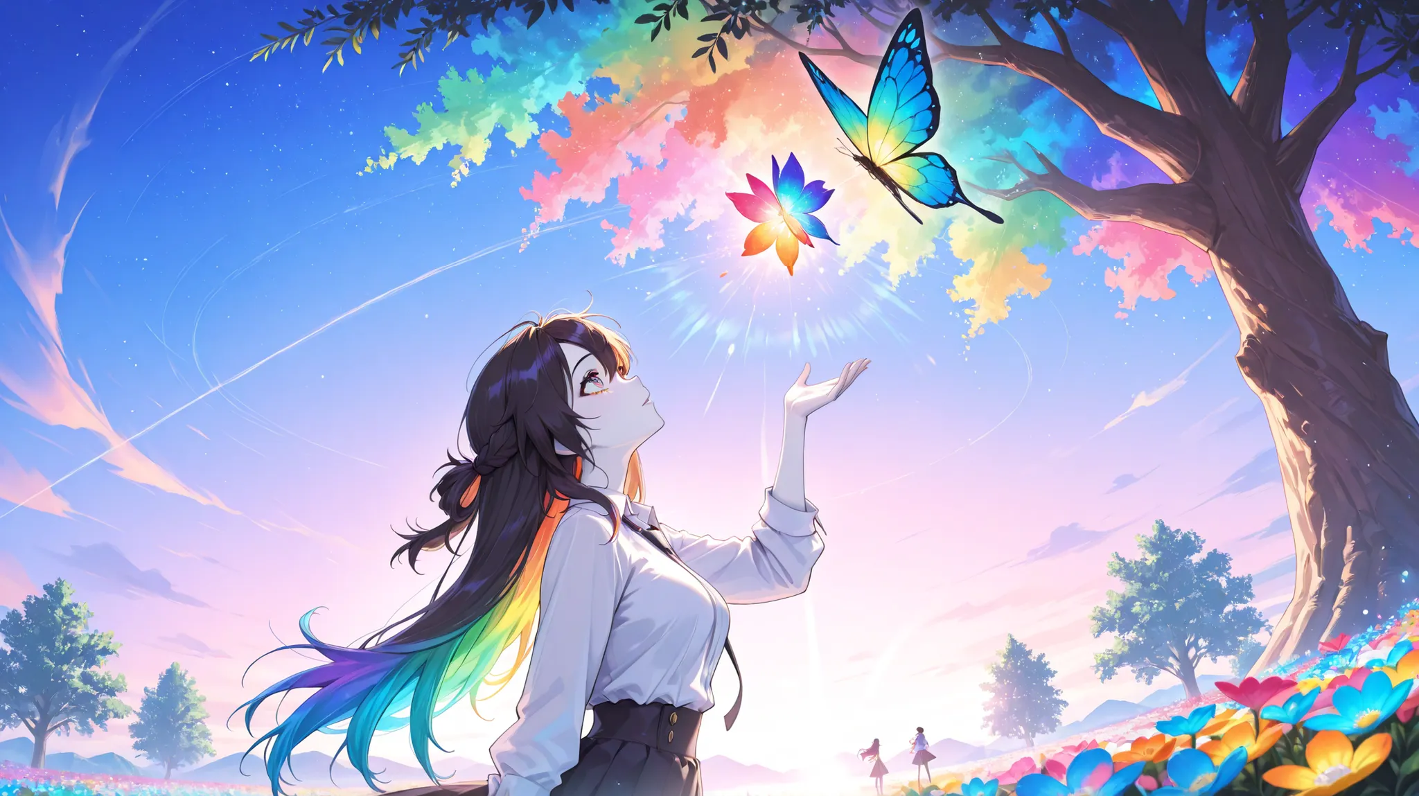 (female\(student, , JK, long hair, colorful eyes, pale skin,) Looking up at the sky), (lots of butterflies are dancing in the air), beautiful sky from the light source, summer,Colorful Flowers Blooming Everywhere々, Mysterious and dreamy ,Big Tree,quality\(...