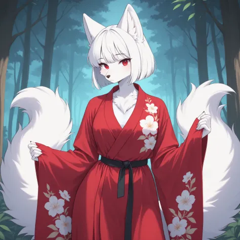 wolf female , white body fur , kemono , furry , Chinese style , forest , white hair Bob cut , red eyes , two fluffy tails , cute , watertight eyes , "highly detailed, soft light, anime style, pastel colors" , red Hanfu Paofu robe with wide-open sleev...