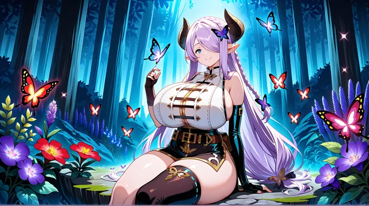 (anime style), (voluptuous body), (extremely voluptuous and shapely body), (sexy body), (huge breasts), (huge thighs), (huge butt), (suggestive curves), (perfect anatomy), (sitting on a mossy rock in a hidden forest), (around an enchanted garden illuminate...