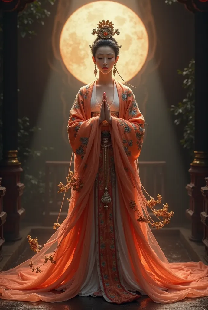 high quality photos, Buddhism, Guanyin Bosatsu costume, Japanese Women in Tang Dynasty Costumes, dark background, Radial Light Shines, and look at the camera, full body image, Praying Hands