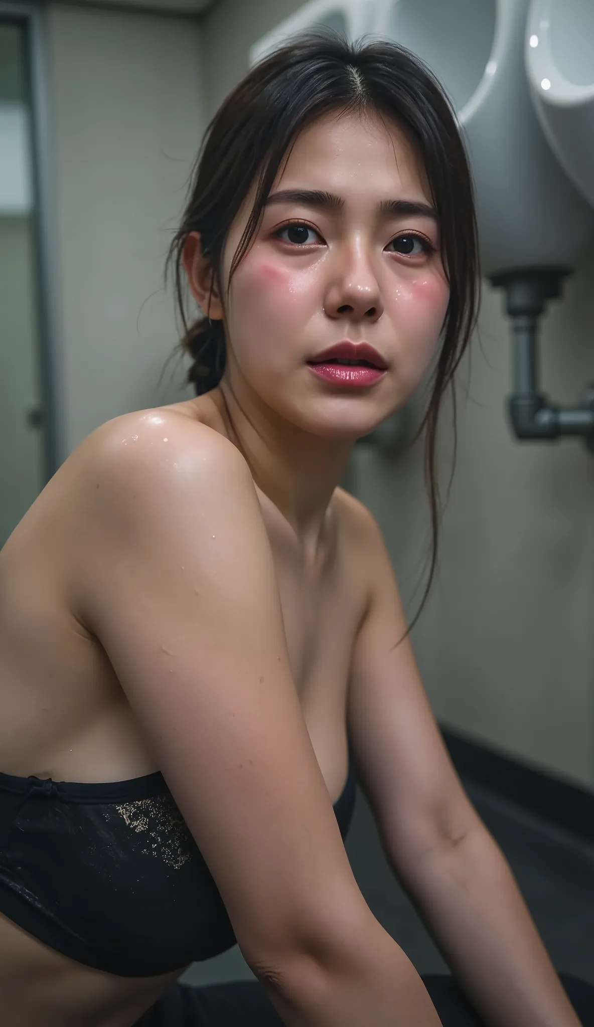 beautiful dark haired woman ,Japanese 30 year old female , Inside a Japanese public toilet , In front of the men'Urinal , sitting on the toilet floor, Randomly express a woman's face。 , (( scary climax )) , close up with eyes , ( 8K u...