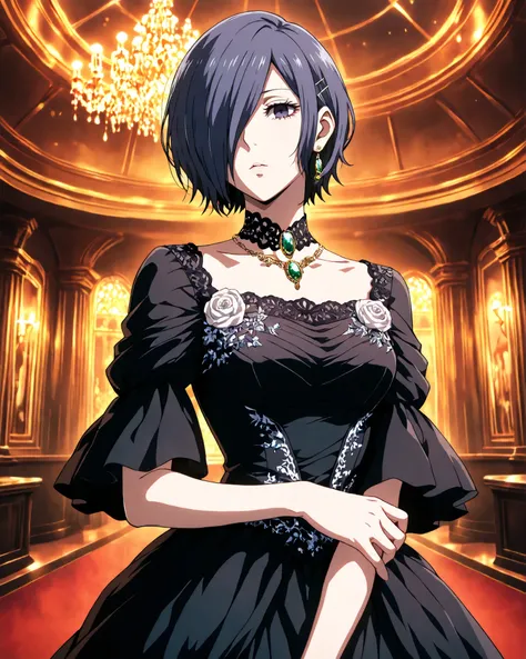 highly detailed, ultra-detailed, finely crafted features, soft lighting, (( kirishima Touka)), anime girl with ((short dark blue-purple hair covering the left eye )), inspired by Tokyo Ghoul style, elegant face, smooth complexion, deep blue-purple eye, wea...