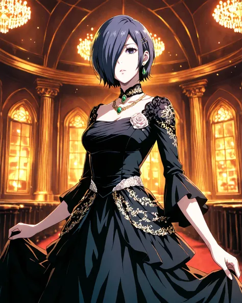 highly detailed, ultra-detailed, finely crafted features, soft lighting, (( kirishima Touka)), anime girl with ((short dark blue-purple hair covering the left eye )), inspired by Tokyo Ghoul style, elegant face, smooth complexion, deep blue-purple eye, wea...