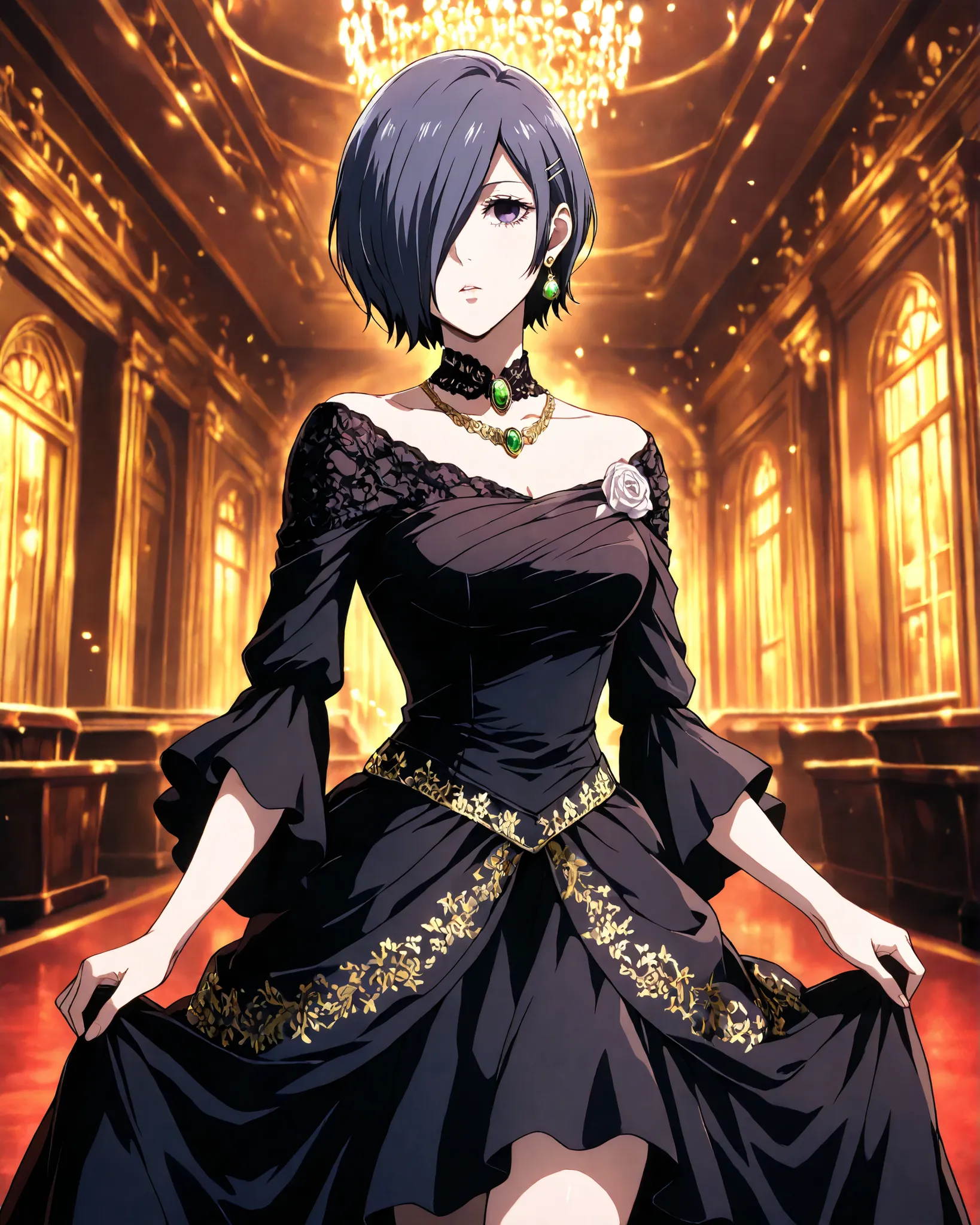 highly detailed, ultra-detailed, finely crafted features, soft lighting, (( kirishima Touka)), anime girl with ((short dark blue-purple hair covering the left eye )), inspired by Tokyo Ghoul style, elegant face, smooth complexion, deep blue-purple eye, wea...
