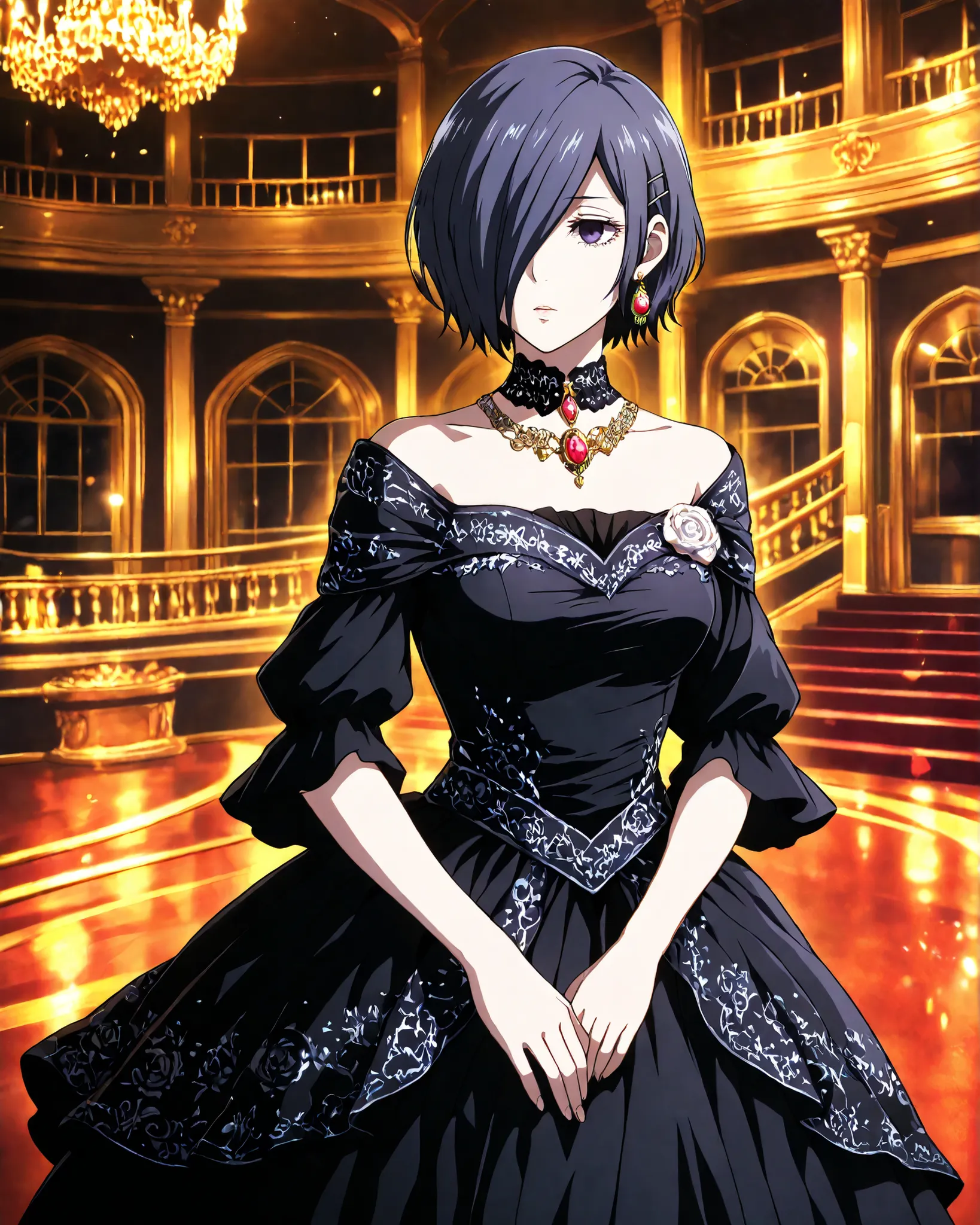 highly detailed, ultra-detailed, finely crafted features, soft lighting, (( kirishima Touka)), anime girl with ((short dark blue-purple hair covering the left eye )), inspired by Tokyo Ghoul style, elegant face, smooth complexion, deep blue-purple eye, wea...