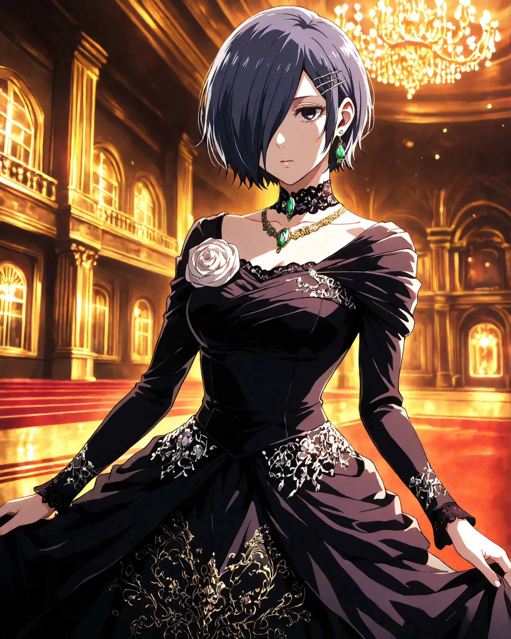 highly detailed, ultra-detailed, finely crafted features, soft lighting, (( kirishima Touka)), anime girl with ((short dark blue-purple hair covering the left eye )), inspired by Tokyo Ghoul style, elegant face, smooth complexion, deep blue-purple eye, wea...