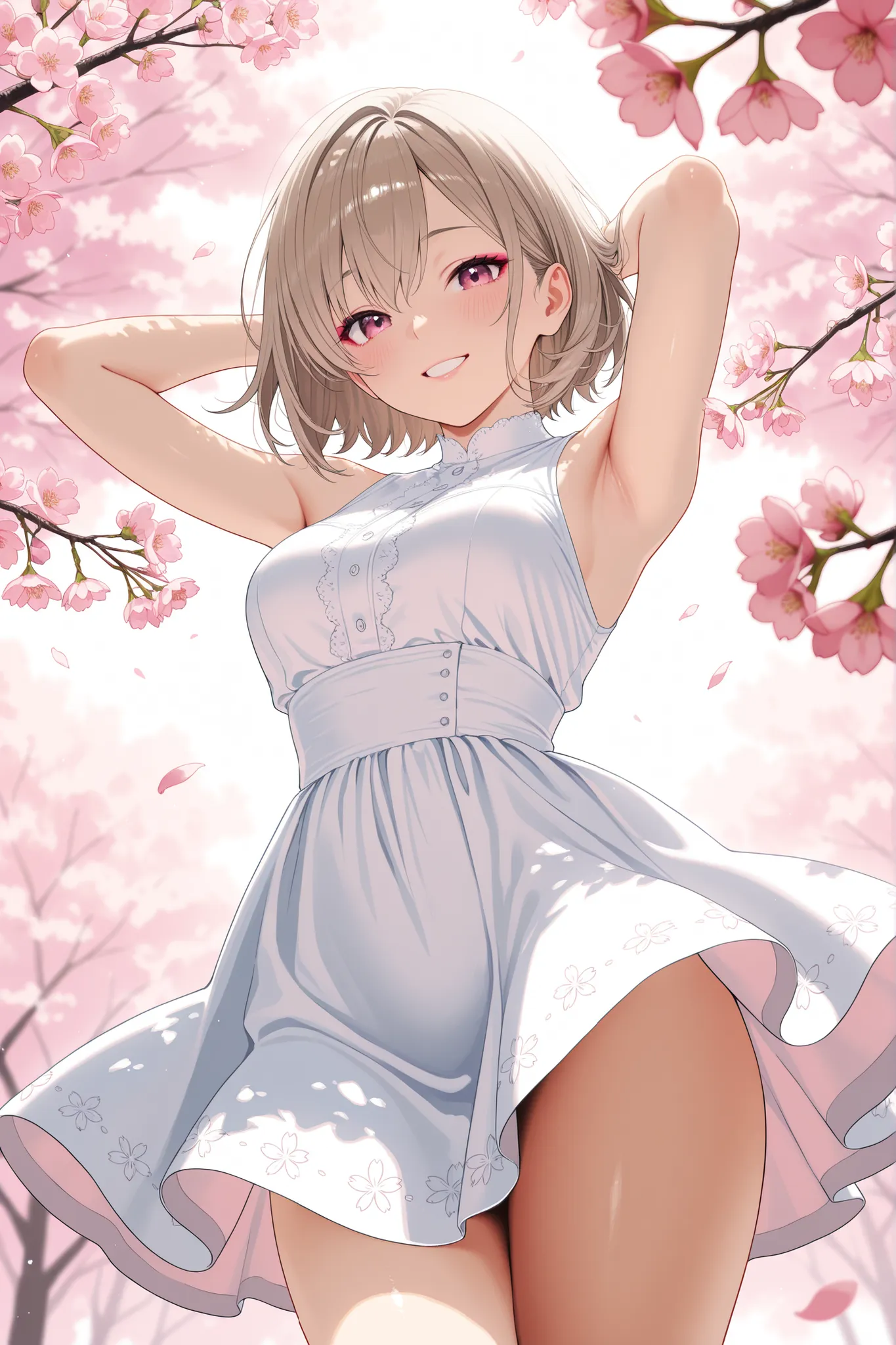ultra high detail, 8k resolution, noise-free photorealactic ultra high fidelity slender resilient medium-bust woman (スレンダーではりのある中おっぱいの女性) with shoulder-length light brown hair with each strand rendered in lifelike detail wearing a sleeveless white sundress...