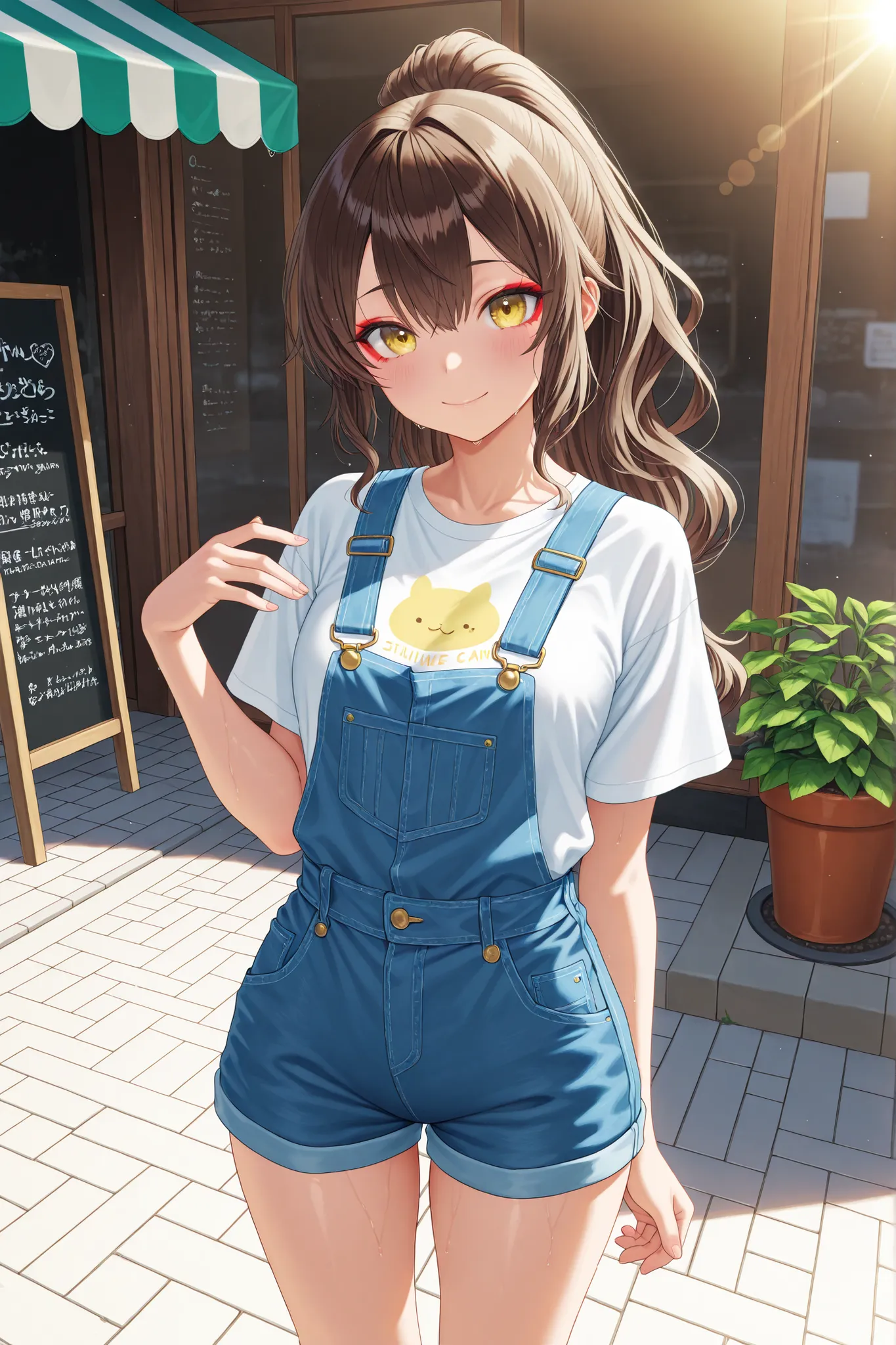 ultra high detail, 8k resolution, noise-free photorealistic ultra high fidelity slender resilient medium-bust woman (スレンダーではりのある中おっぱいの女性) with long wavy dark brown hair with each strand rendered in lifelike detail tied in a high ponytail with soft loose te...