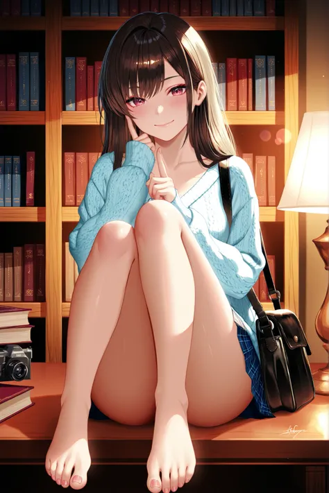 ultra high detail, 8k resolution, noise-free photorealistic ultra high fidelity slender busty woman with long dark brown hair with each strand rendered in lifelike detail wearing a light blue soft knit cardigan with micro-ribbed texture and two wooden butt...