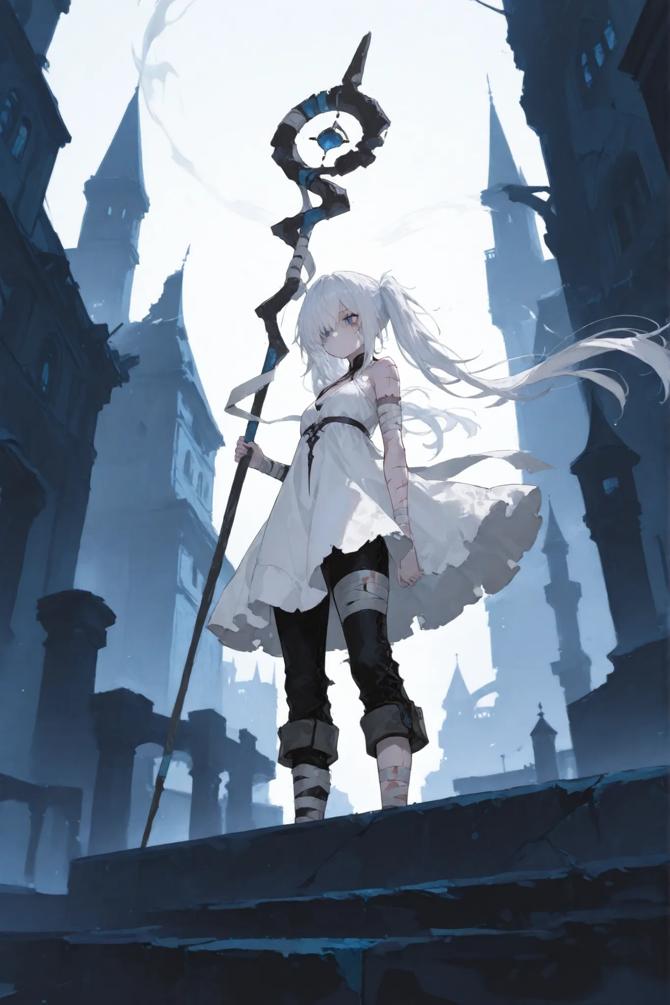 1girl, dress, white_dress, white_hair, pants, long_hair, holding, twintails, bandaged_leg, bandages, building, blue_eyes, black_pants, staff, standing, outdoors, holding_staff, scar, scars, many scars, severe scars