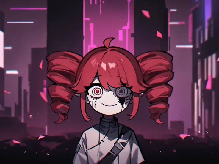 red hair、curly triangle hair、 A dark cyberpunk-style album cover featuring a broken marionette girl dancing in flames. Her strings are snapping, symbolizing rebellion. She has a vacant, cracked expression but still smiles unnaturally. The background is a g...