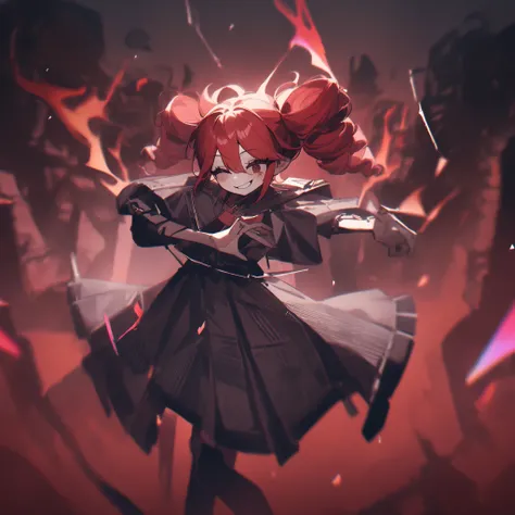 red hair、curly triangle hair、 A dark cyberpunk-style album cover featuring a broken marionette girl dancing in flames. Her strings are snapping, symbolizing rebellion. She has a vacant, cracked expression but still smiles unnaturally. The background is a g...