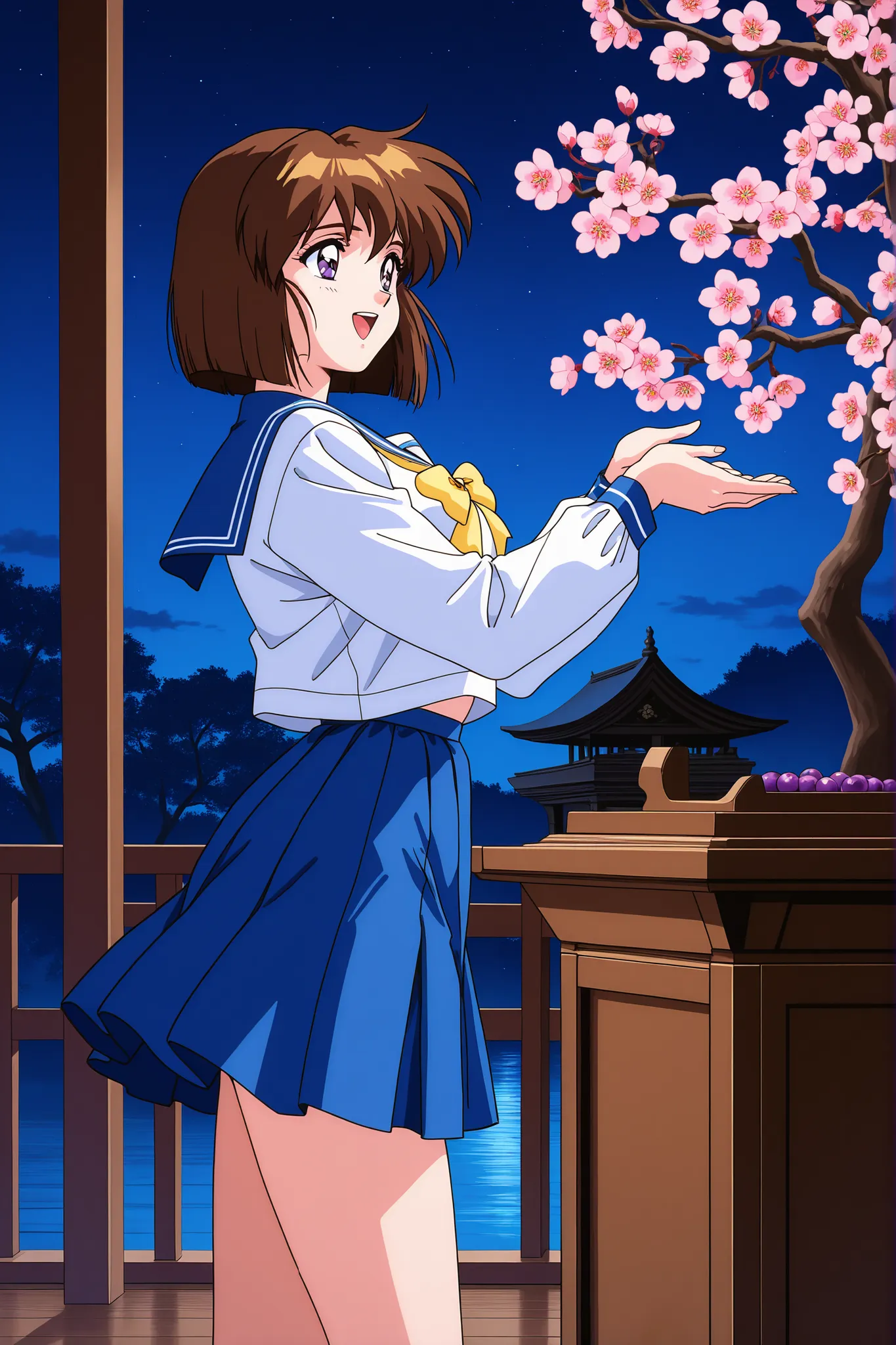1girl,solo,masterpiece,general,highres, ultra-detailed,very aesthetic,best quality,best hands,best eyes,easynegative,perfect anatomy,BREAK,Amatsu_Mai,brown hair, short hair, breasts, purple eyes, bob cut, bangs,1990s \(style\),anime coloring,BREAK,school u...
