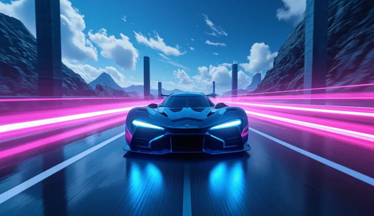 A hyper-futuristic racing car with an aerodynamic design 
and glowing blue neon LED lights, speeding down a digital highway.
 The ve gothic-futuristic structures with dark columns 
 reaching into a deep blue sky with scattered clouds. 
 The environment is ...