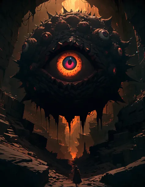 beholder, The Devil's Eye, giant eyeballs , Facing the Abyss, deep dungeon , BOSS Monster, Creepy Atmosphere, 暗くて不吉なダンジョンに浮かぶ giant eyeballs , Neon Eye Light, A symbol of fear , Nightmare That Never Gets Cold, Shot with a Black Aura, Miasma drifts , com...