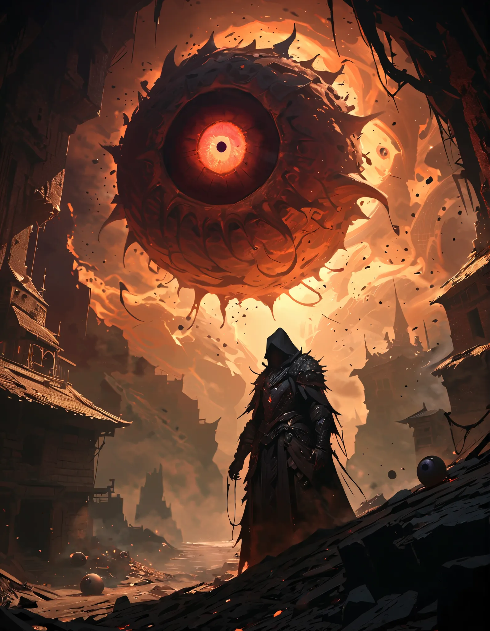 beholder, The Devil's Eye, giant eyeballs , Facing the Abyss, deep dungeon , BOSS Monster, Creepy Atmosphere, 暗くて不吉なダンジョンに浮かぶ giant eyeballs , Neon Eyes, A symbol of fear , Nightmare That Never Gets Cold, Shot with a Black Aura, Miasma drifts , complica...