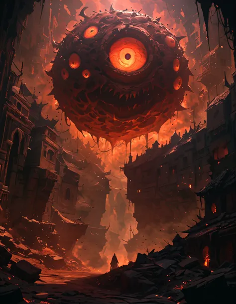 beholder, The Devil's Eye, giant eyeballs , Facing the Abyss, deep dungeon , BOSS Monster, Creepy Atmosphere, 暗くて不吉なダンジョンに浮かぶ giant eyeballs , Neon Eyes, A symbol of fear , Nightmare That Never Gets Cold, Shot with a Black Aura, Miasma drifts , complica...