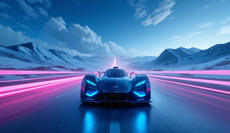 A hyper-futuristic racing car with an aerodynamic design 
and glowing blue neon LED lights, speeding down a digital highway. 
 reaching into a deep blue sky with scattered clouds. 
 The environment is lit by bright pink light trails 
 running across the sc...