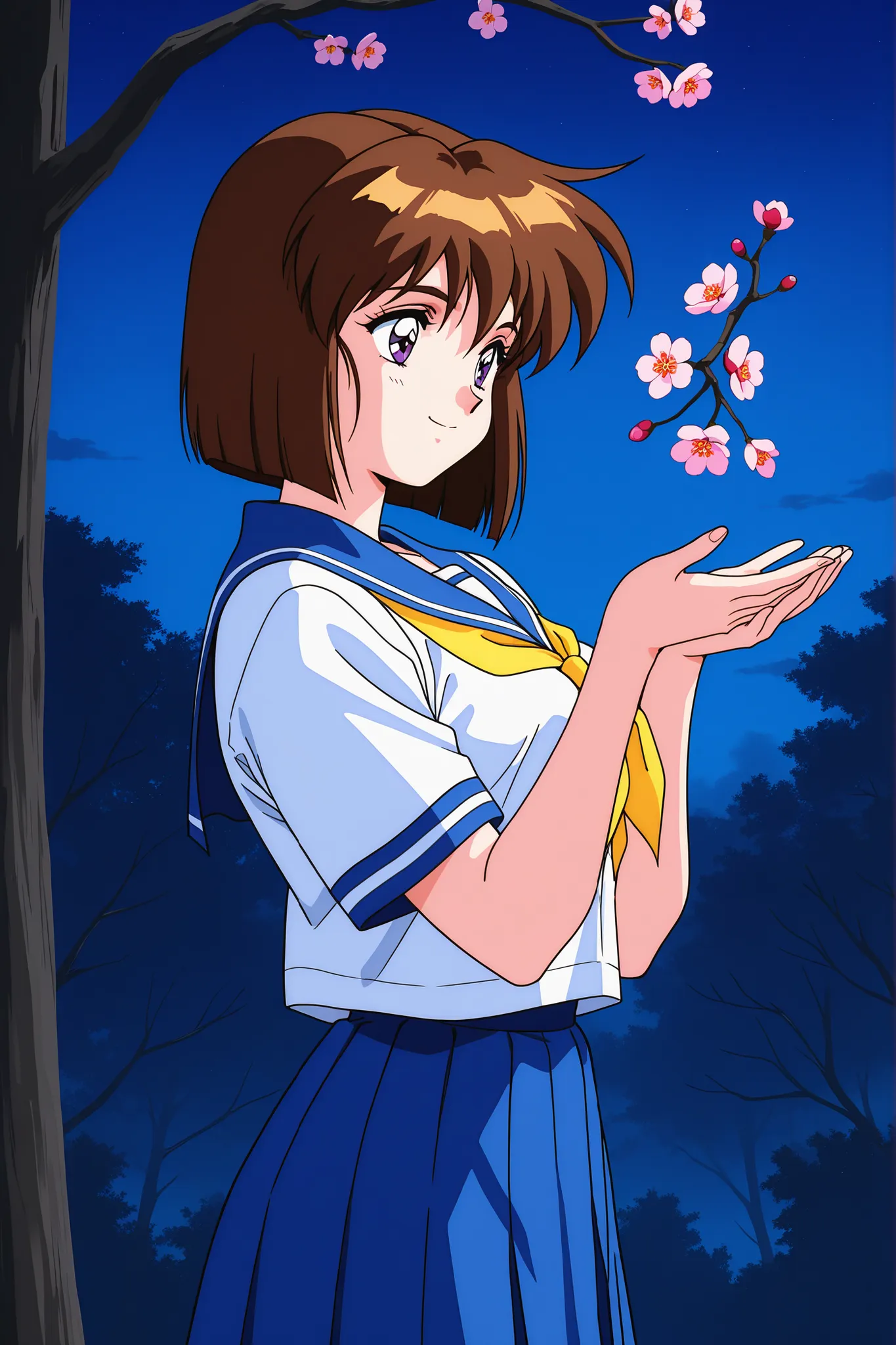 1girl,solo,masterpiece,general,highres, ultra-detailed,very aesthetic,best quality,best hands,best eyes,easynegative,perfect anatomy,BREAK,Amatsu_Mai,brown hair, short hair, breasts, purple eyes, bob cut, bangs,1990s \(style\),anime coloring,BREAK,school u...