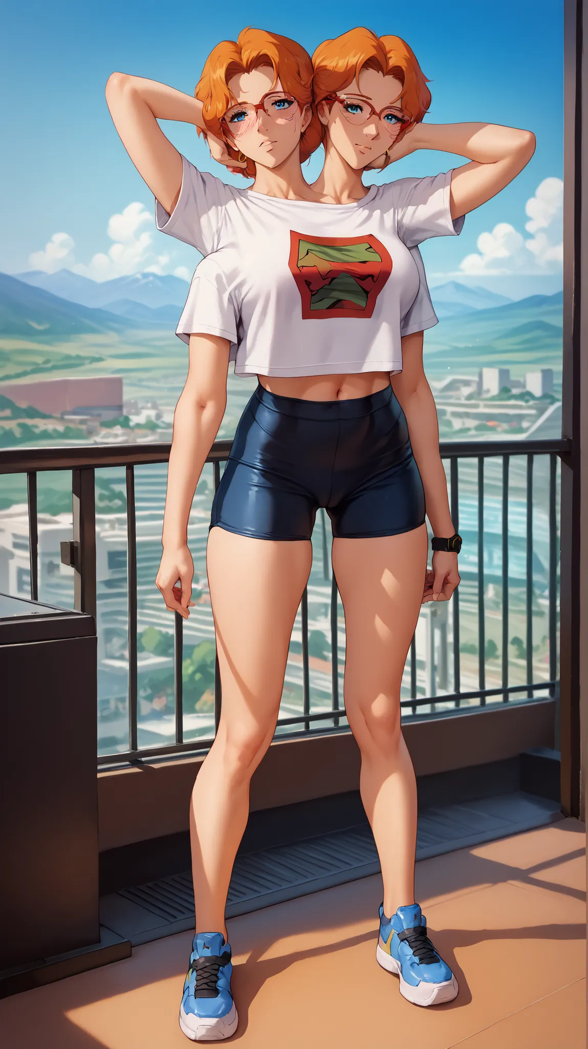 best resolution,anime woman with two heads, blue eyes, four arms, tall, full body, nerdy, cute, shy, a-shirt, yoga shorts, rail thin build, one head glasses, standing, ed from Cowboy Bebop, cyberpunk, on a spaceship, horny