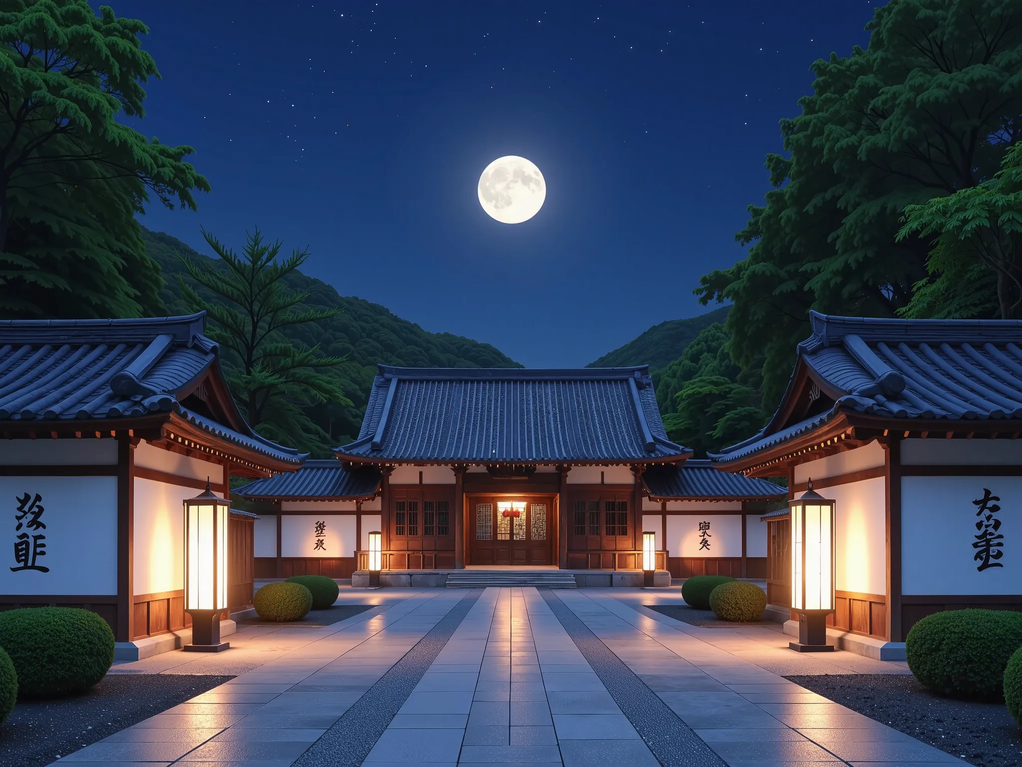 A serene Japanese temple courtyard at night is illuminated by a clear, luminous full moon hanging in a deep blue starlit sky. The traditional architecture of the temple features intricate rooftops with upward-curving eaves, adorned with dark ceramic tiles,...