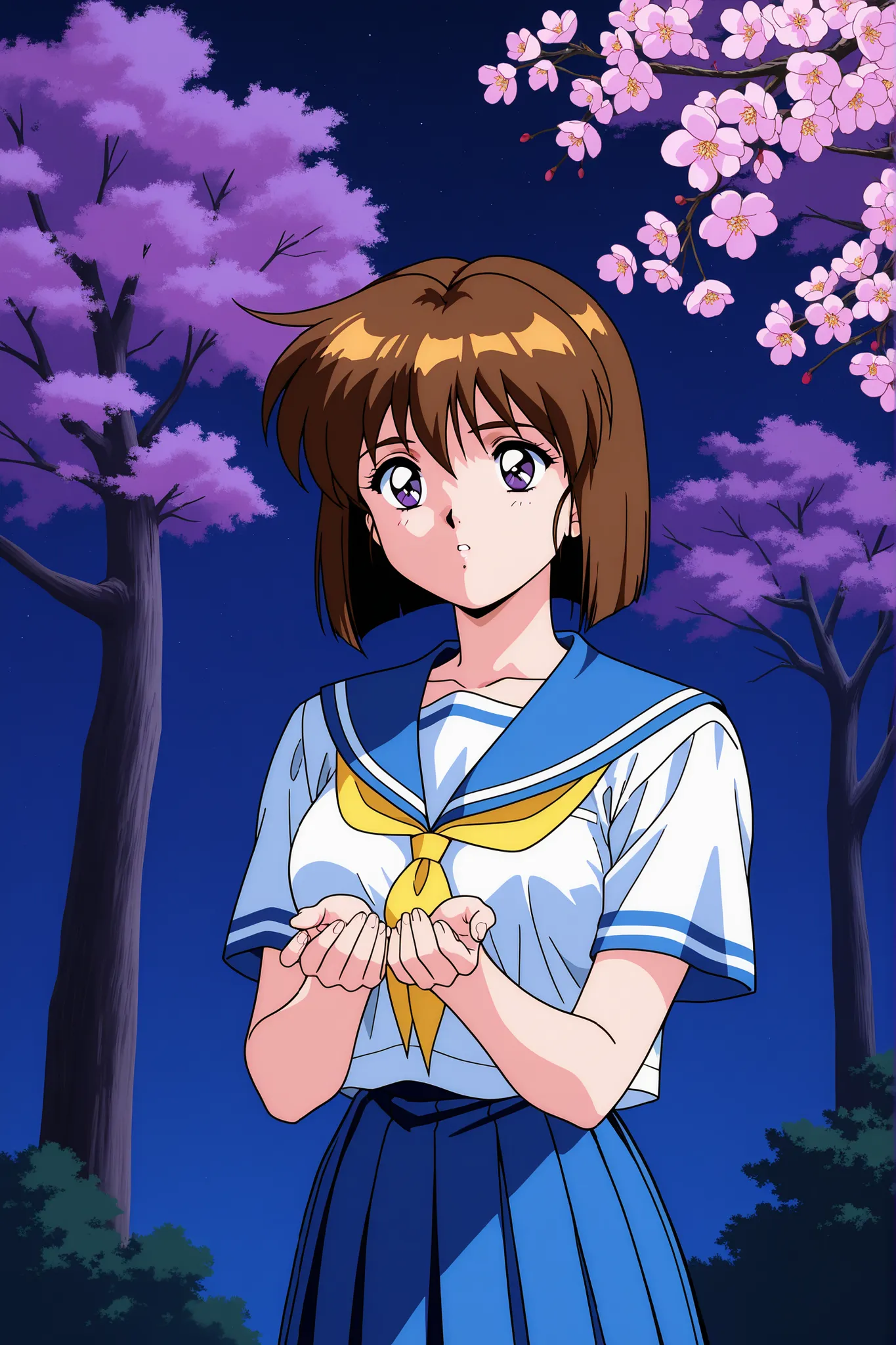 1girl,solo,masterpiece,general,highres, ultra-detailed,very aesthetic,best quality,best hands,best eyes,easynegative,perfect anatomy,BREAK,Amatsu_Mai,brown hair, short hair, breasts, purple eyes, bob cut, bangs,1990s \(style\),anime coloring,BREAK,school u...
