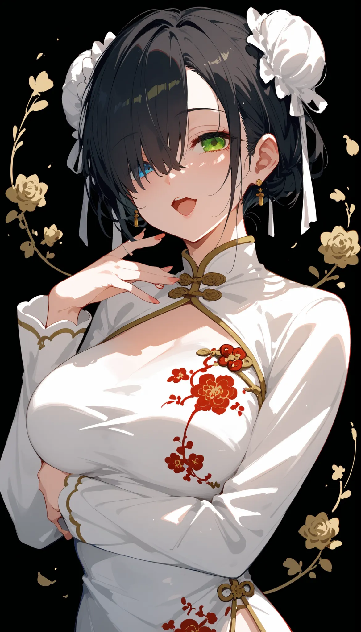 Alone ,girl,short hair,cute,,in green eyes,,in blue eyes,,eyelash,heterochromia,ผมสีดำ,Emotionless,black background,milf,I have a bun., black hair,in the empty eye,Chinese dress,beautiful,Hair over one eye,Long Sleeve Dress , floral ornaments,White suit,wh...