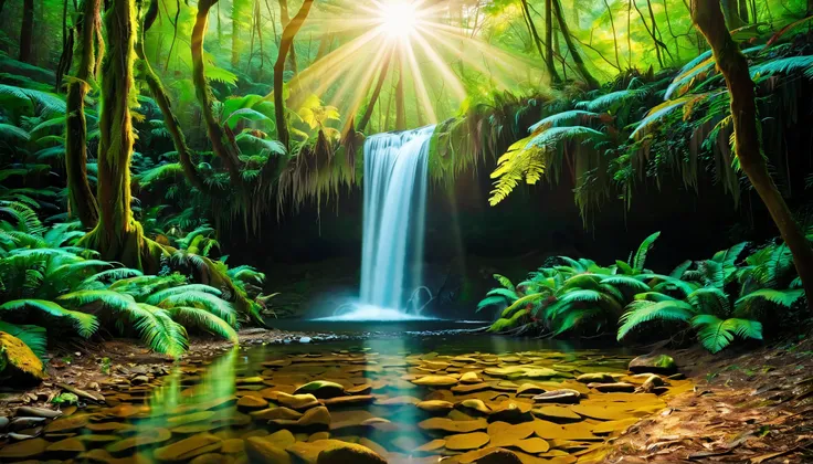 I have a picture of a waterfall,A beam of light is emitted from the waterfall, Mysterious Forest Lagoon, Forest rays, Magical forest background, Magical Environment , A bit of sunshine, A beautiful and mysterious, Mysterious Atmosphere, Amazing screensaver...
