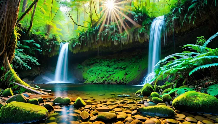 I have a picture of a waterfall,A beam of light is emitted from the waterfall, Mysterious Forest Lagoon, Forest rays, Magical forest background, Magical Environment , A bit of sunshine, A beautiful and mysterious, Mysterious Atmosphere, Amazing screensaver...