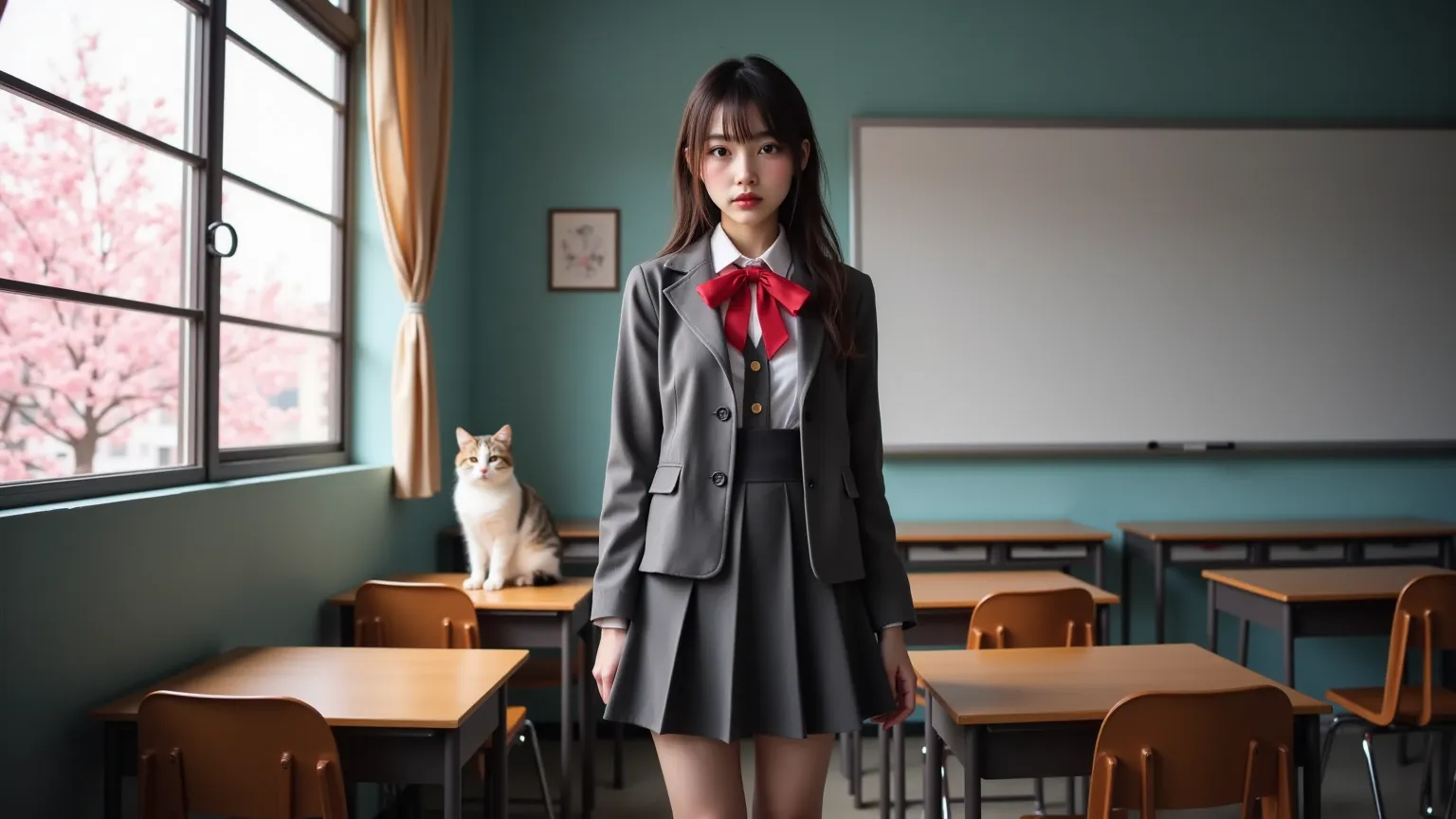 ultra-realistic, photorealistic, dramatic scene, shadow, global-illumination, Japanese high school student girl, very beautiful fragile Japanese girl, boyish cool face with sporty atmosphere, (very large breasts), slim waist, (wearing a gray colored Japanese high school cute uniform of white shirt with blazer and skirt, red ribbon), (she is standing in front of the desk at a science class room), there is a large cat sitting on the desk, there are cherry blossoms in full bloom outside, window, curtain, 