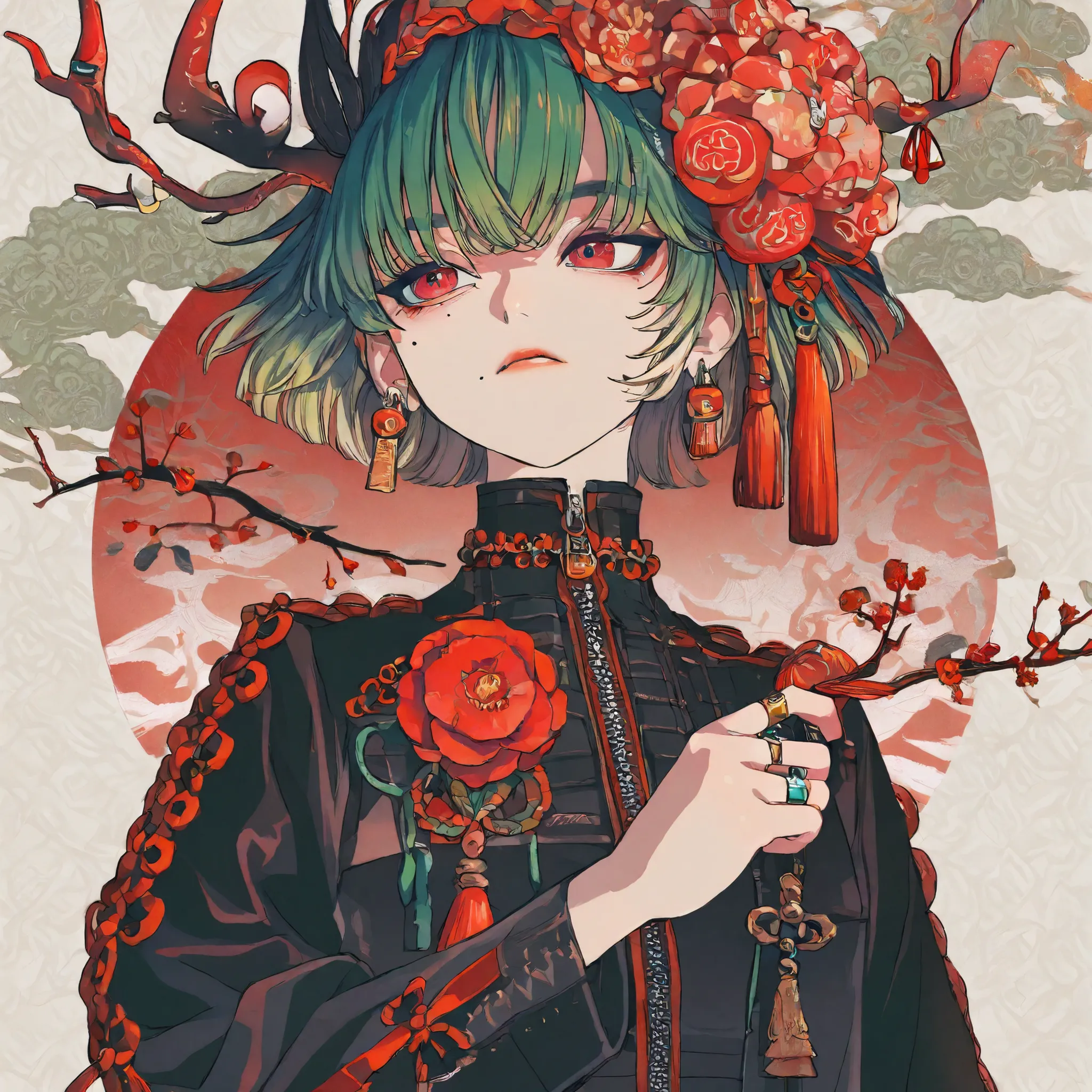 masterpiece, newest,absaudress, incredibly absaudress,4ki4ne _Illustrations, Shade ,  abstract background,  abstract,depth of field in shallow water, solo,  jewelry, green hair, Red Eyes, ring, short hair, flower, horn, hair accessory, earrings, antlers, h...