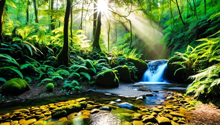 (Clear stream in the forest:1.5),I have a picture of a waterfall,A beam of light is emitted from the waterfall, Mysterious Forest Lagoon, Forest rays, Magical forest background, Magical Environment , A bit of sunshine, A beautiful and mysterious, Mysteriou...