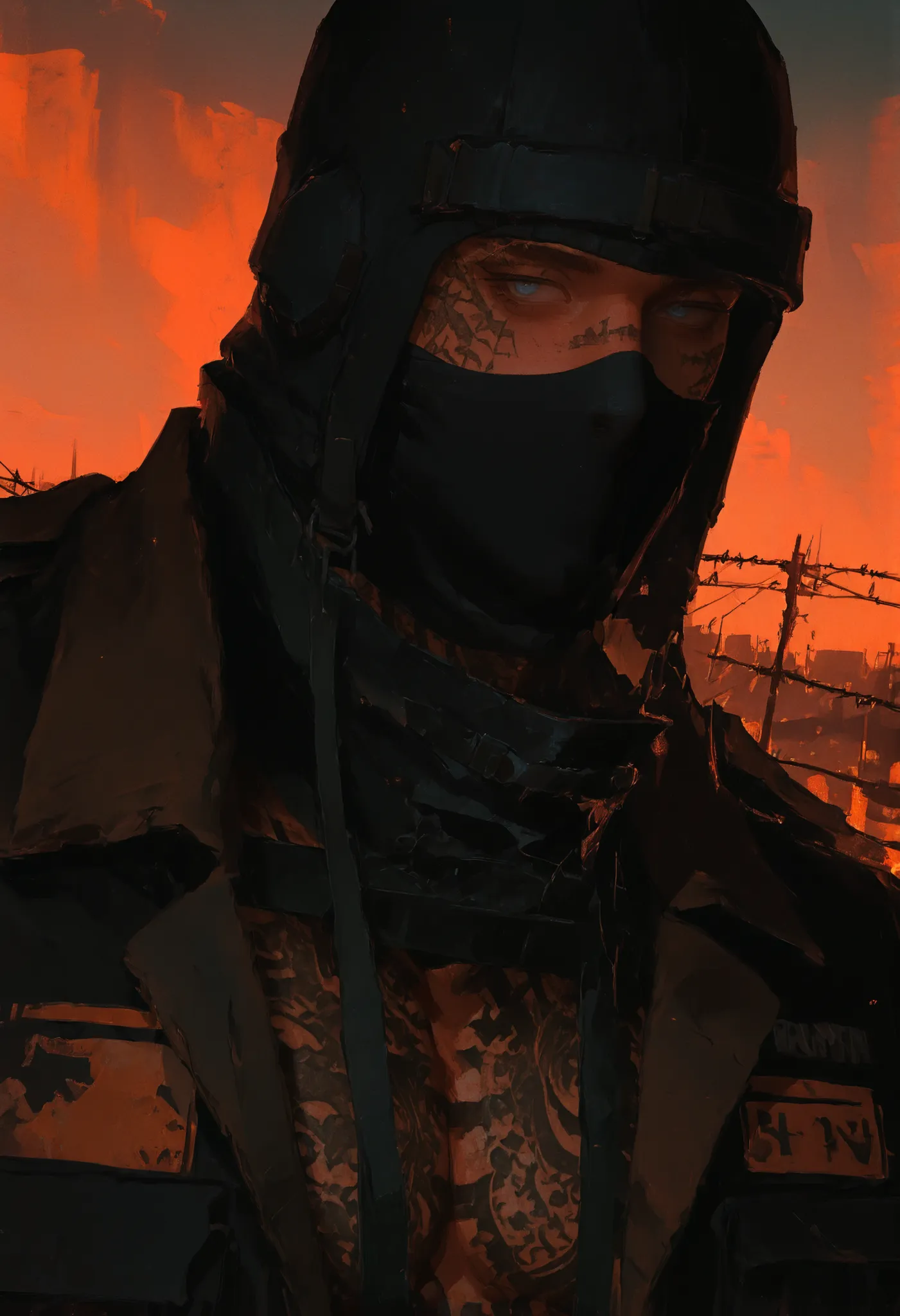 close-up portrait, solo, a tall, muscular man with tanned skin, handsome, wearing black combat shirt. He wears a full face black balaclava, blue eyes. His body is covered in tattoos, barbed wire tattoo wrapped around his neck. Mysterious soldier aesthetic,...