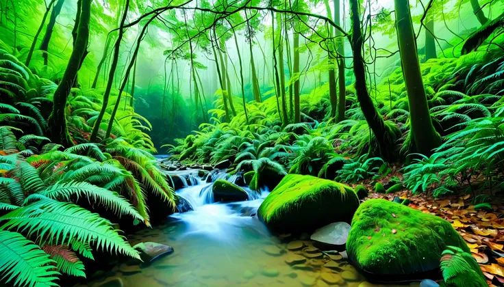 (Clear stream in the forest:1.5),(There are multiple beautiful waterfalls:1.5),A beam of light is emitted from the waterfall, Mysterious Forest Lagoon, Magical forest background, Magical Environment , A bit of sunshine, A beautiful and mysterious, Mysterio...