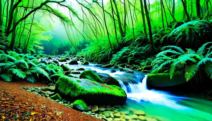 (Clear stream in the forest:1.5),(There are multiple beautiful waterfalls:1.5),A beam of light is emitted from the waterfall, Mysterious Forest Lagoon, Magical forest background, Magical Environment , A bit of sunshine, A beautiful and mysterious, Mysterio...